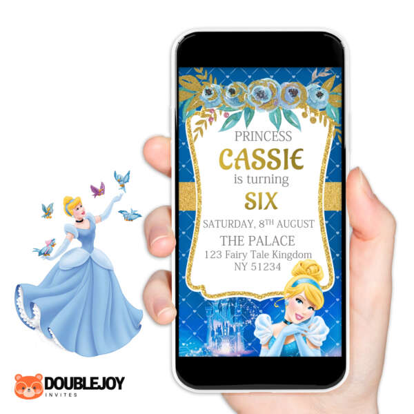 Cinderella princess royal blue and gold animated video birthday invitation for girls