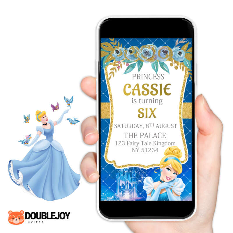 Cinderella princess royal blue and gold animated video birthday invitation for girls
