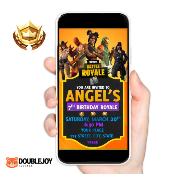 Fortnite Battle Royale orange purple animated video birthday invitation for boys with photo RSVP