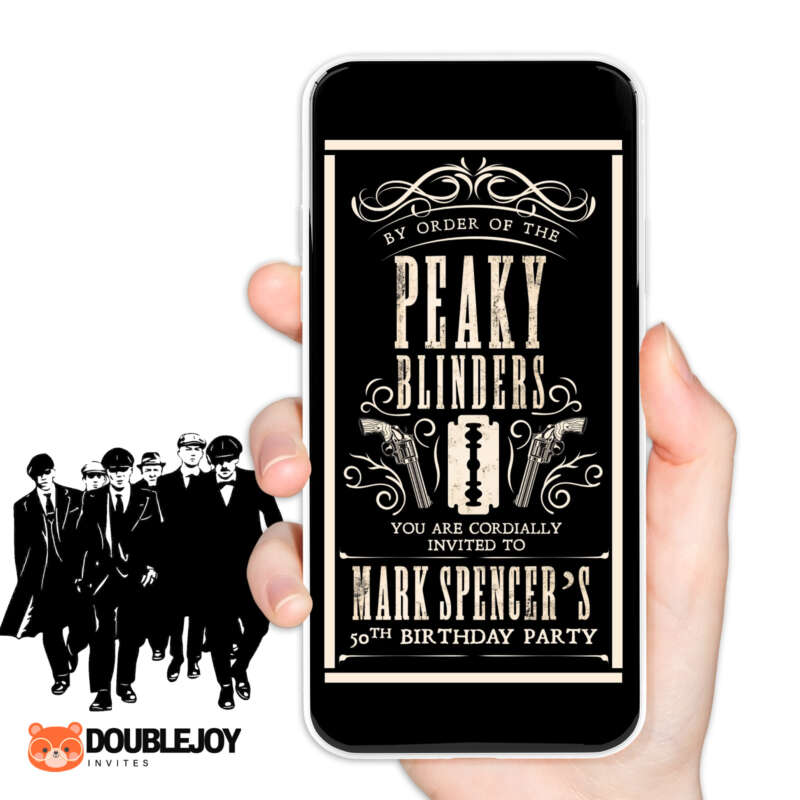 Peaky Blinders Black Birthday Invitation preview Peaky Blinders animated video birthday invitation with By Order of the Peaky Blinders, razor blade and revolvers, vintage black and cream
