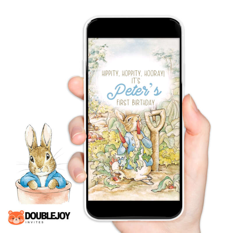 Peter Rabbit watercolor animated video birthday invitation with Hippity Hoppity Hooray