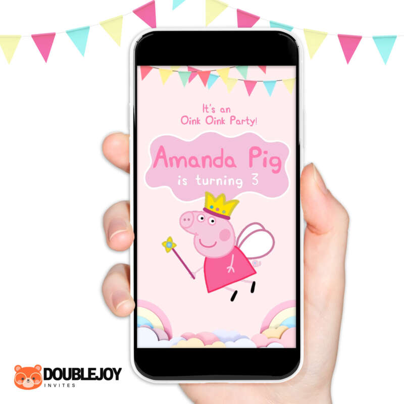 Pink Peppa Pig fairy animated video birthday invitation with Its an Oink Oink Party