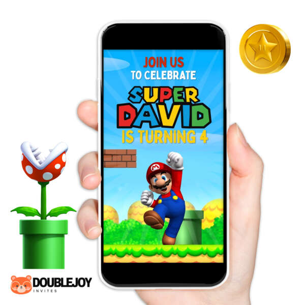 Super Mario Bros Birthday Invitation Super Mario Bros red and blue animated video birthday invitation with brick blocks and hat for kids