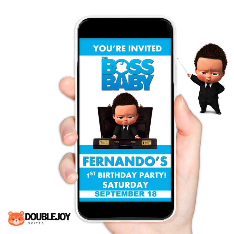 Boss Baby tan skin animated video birthday invitation for brown boys first birthday