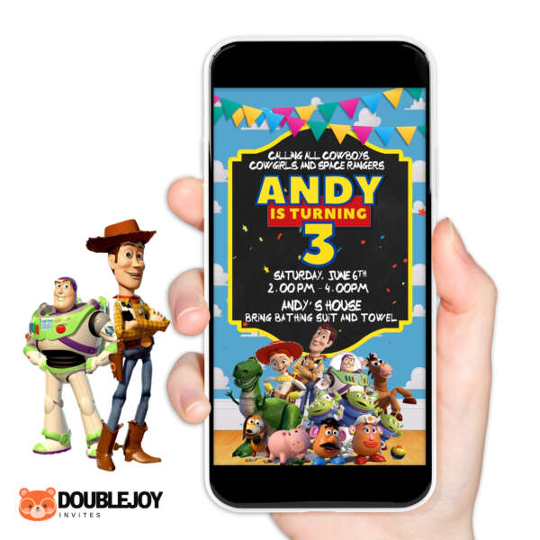 oy Story animated video birthday invitation with Calling All Cowboys Cowgirls and Space Rangers Andy is Turning 3, Woody Buzz Jessie on cloud wallpaper