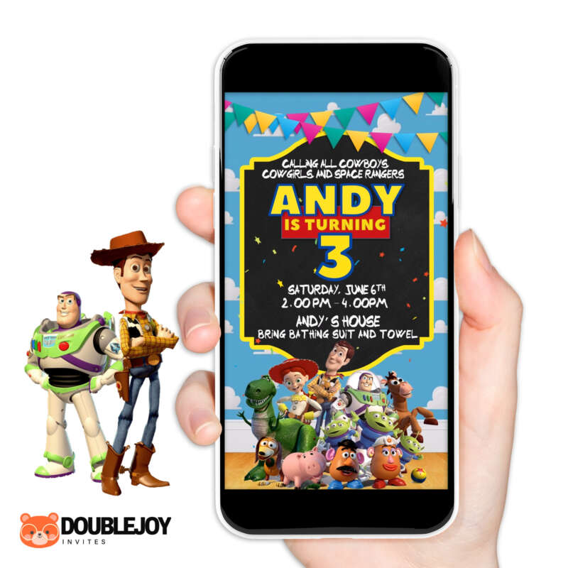 oy Story animated video birthday invitation with Calling All Cowboys Cowgirls and Space Rangers Andy is Turning 3, Woody Buzz Jessie on cloud wallpaper