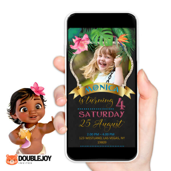 Baby Moana tropical island animated video birthday invitation with gold banner