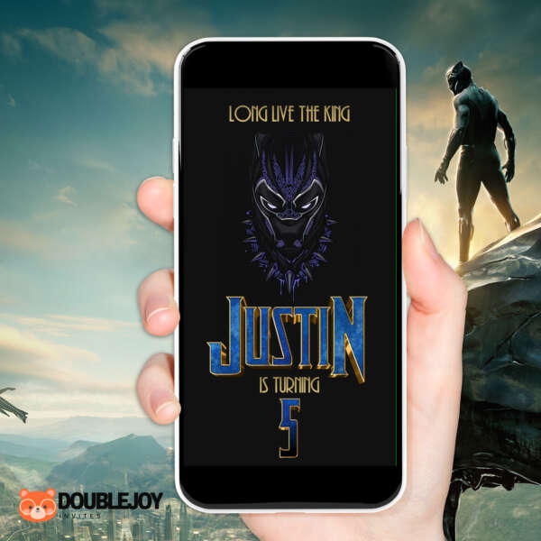 black Panther birthday invitation preview Black Panther gold purple animated video birthday invitation with Long Live The King text for boys