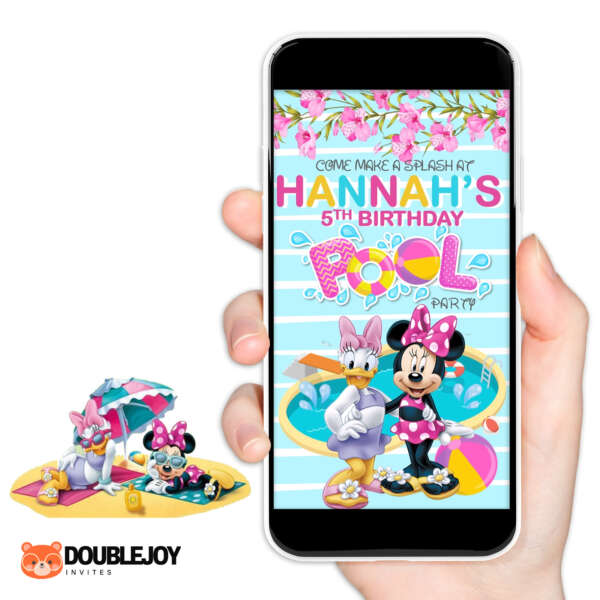 minnie daisy pool party birthday invitation preview Minnie Mouse and Daisy Duck pool party animated video birthday invitation with Come Make a Splash