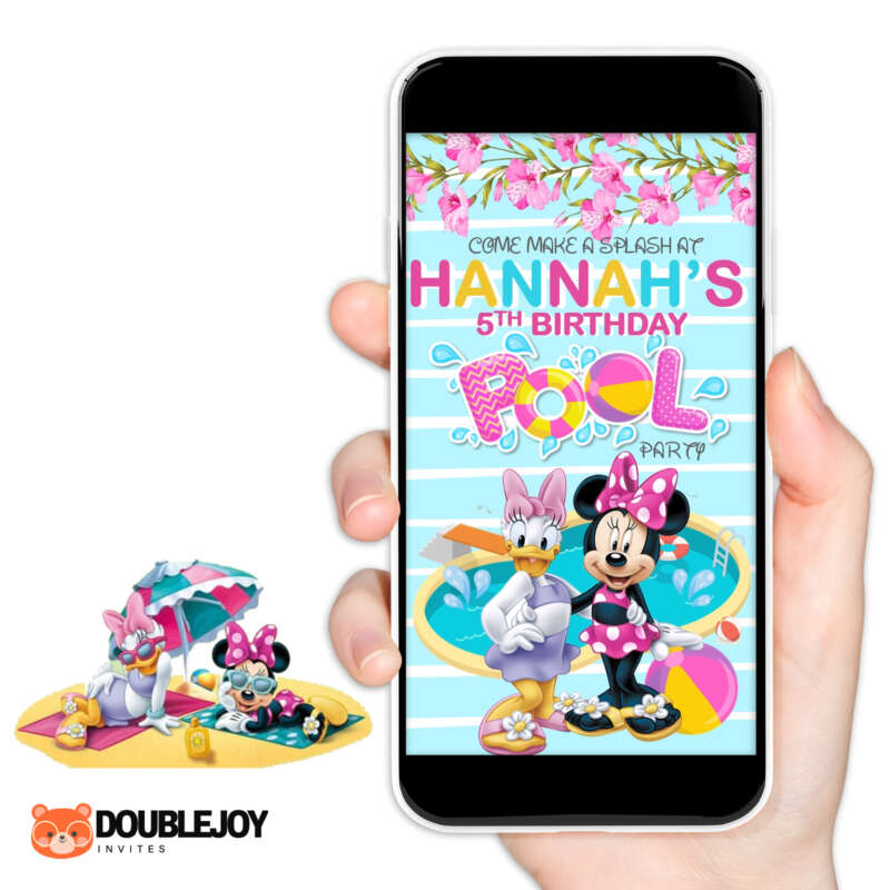 Minnie Mouse and Daisy Duck pool party animated video birthday invitation with Come Make a Splash