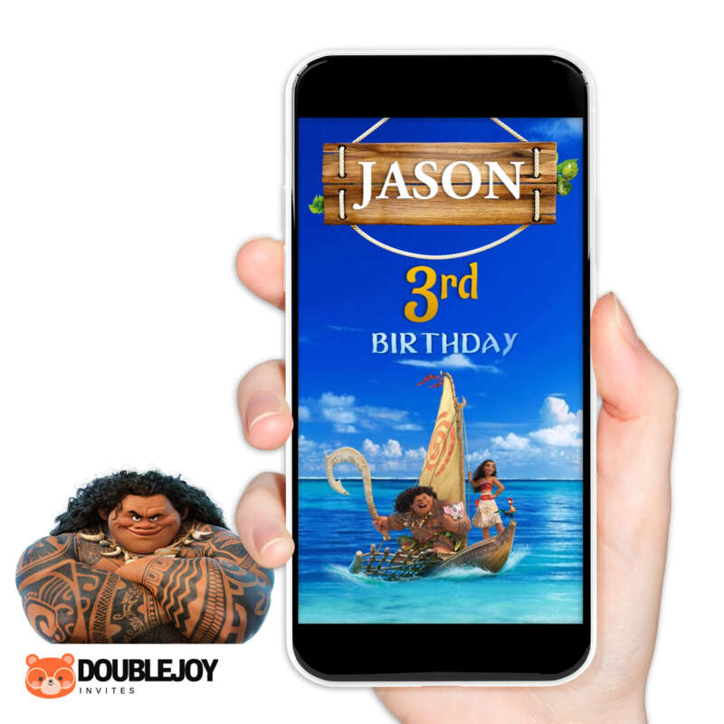Maui Moana animated video birthday invitation, Maui with fish hook and Moana on canoe in ocean