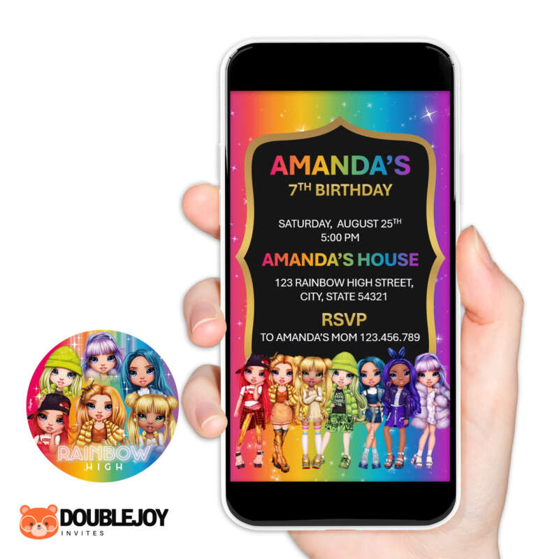 Rainbow High animated video birthday invitation with You Are Invited to Celebrate, fashion dolls in neon circle
